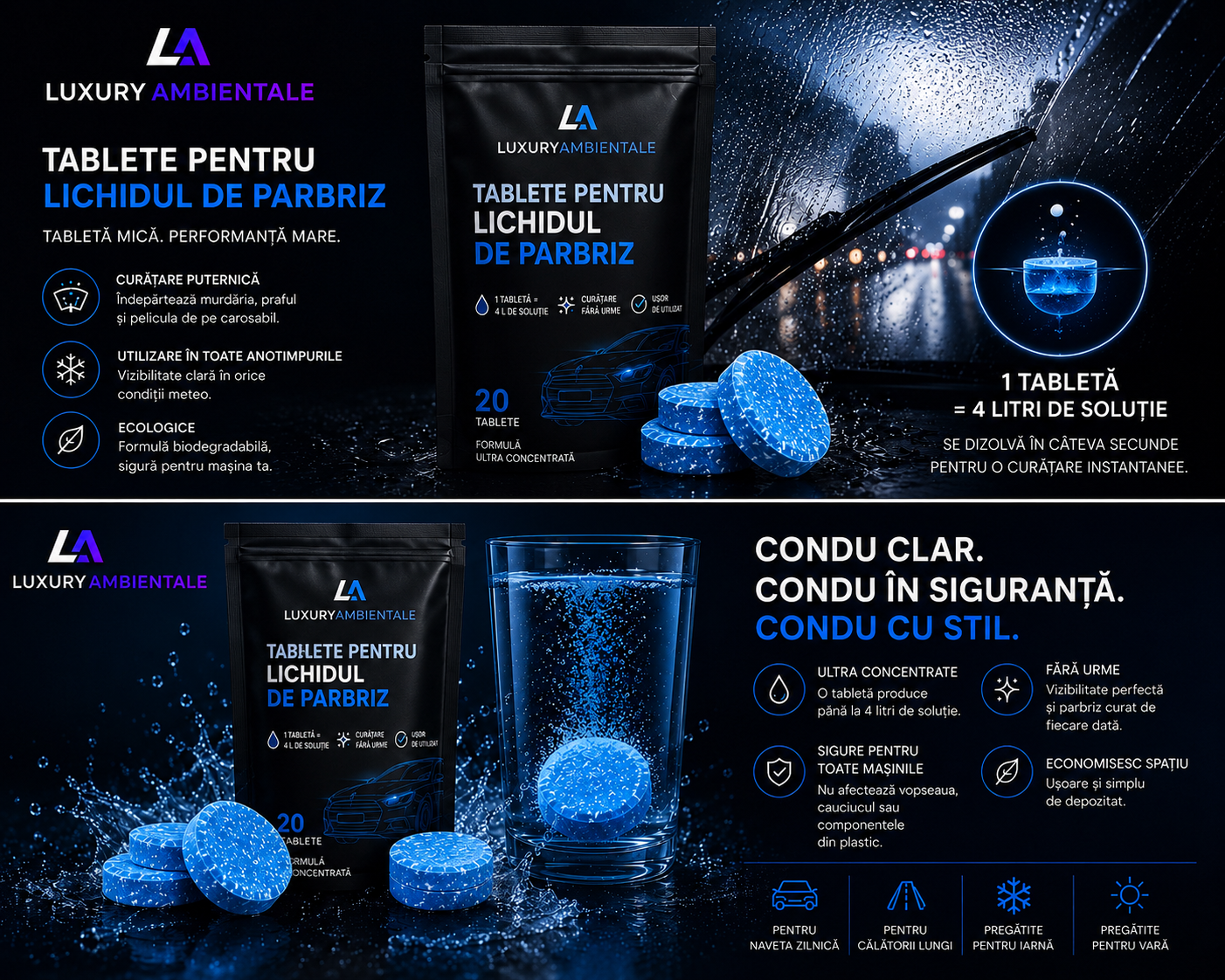 💧 Soluții inteligente pentru șoferi. Tablete concentrate pentru parbriz, eficiente în orice sezon. Luxury Ambientale.